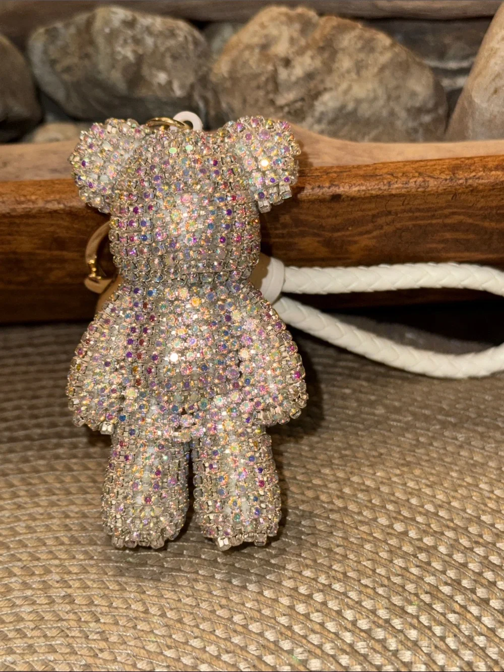 Sparkling Crystal Teddy Bear Keychain - Ivory
